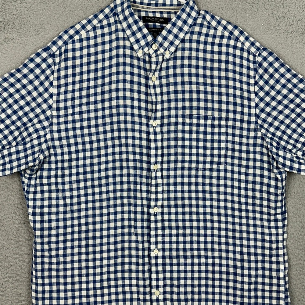 Banana Republic Linen Shirt Mens XL Camden Fit Blue Gingham Button Down Pocket